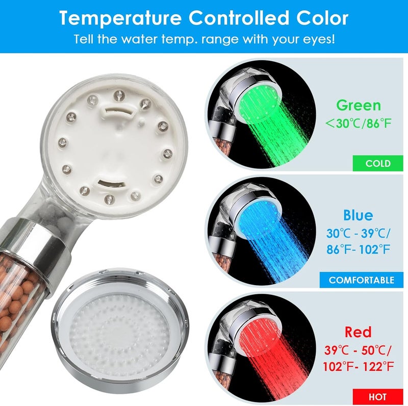 Vacto Temperature Controlled 3-color Changing Shower Head Kit, Water Saving Showerheads with Filtration Beads, LED High Pressure Handheld Shower Head Set (No Hose and Bracket) - Image 3